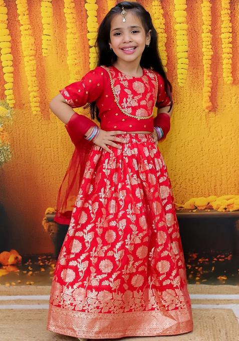 Red Woven Design Silk Lehenga Set For Girls — view on Indya