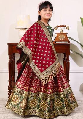 Maroon Woven Design Silk Lehenga Set For Girls
