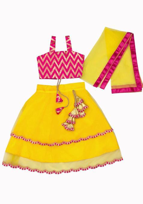 Yellow Printed Net Lehenga Set For Girls — view on Indya
