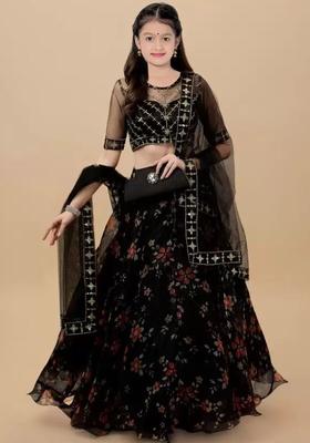 Black Embroidered Organza Lehenga Set For Girls