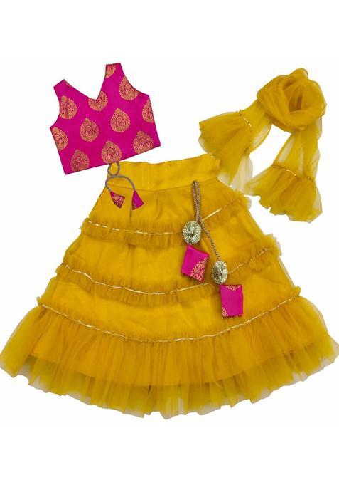 Yellow Woven Design Net Lehenga Set For Girls — view on Indya