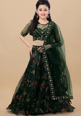 Green Embroidered Organza Lehenga Set For Girls