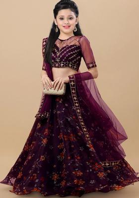 Purple Embroidered Organza Lehenga Set For Girls
