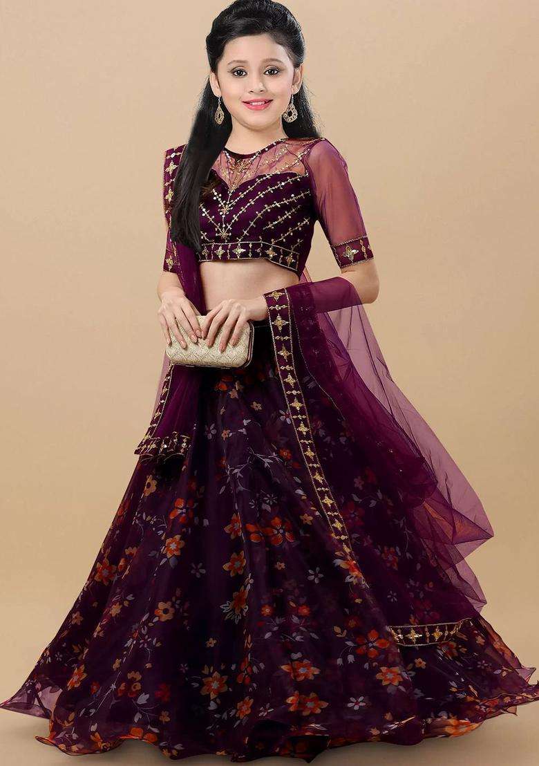 Purple Embroidered Organza Lehenga Set For Girls - Indya