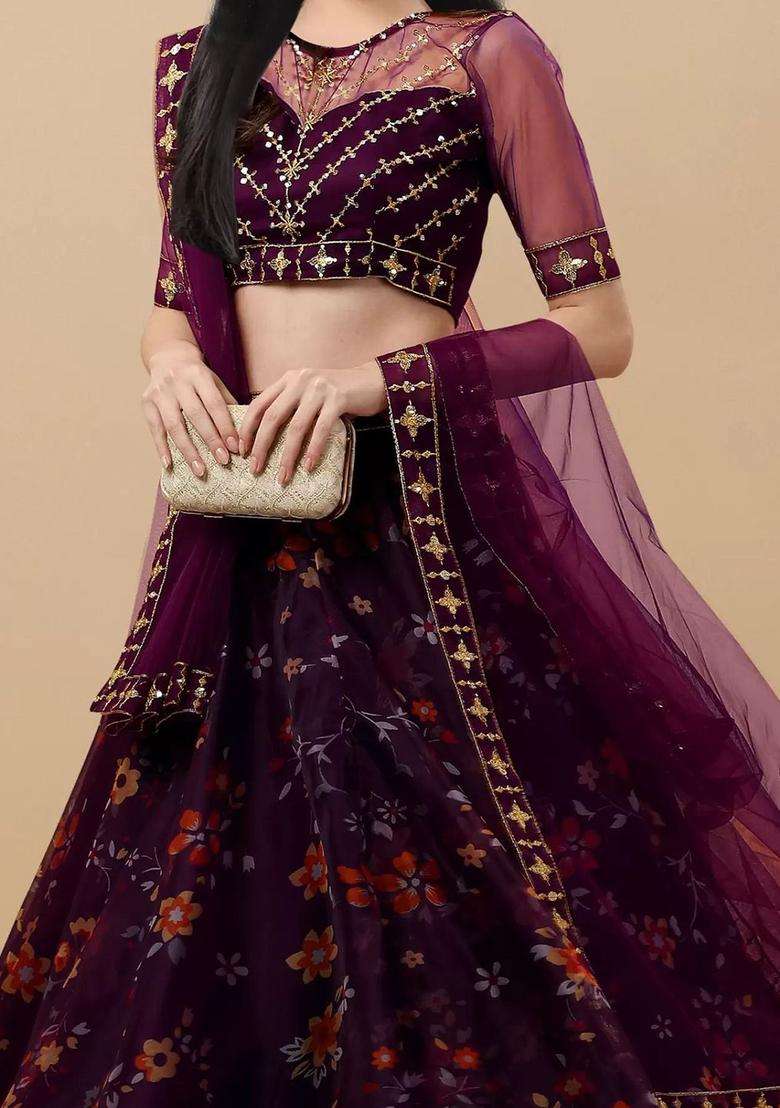 Purple Embroidered Organza Lehenga Set For Girls - Indya