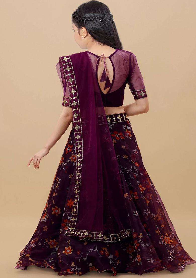 Purple Embroidered Organza Lehenga Set For Girls - Indya