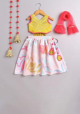 Yellow Embroidered Satin Lehenga Set For Girls