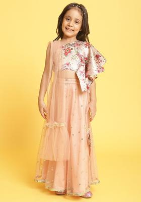 Peach Printed Polyester Lehenga Set For Girls