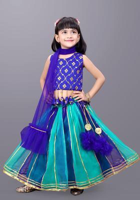 Blue Embroidered Net Lehenga Set For Girls