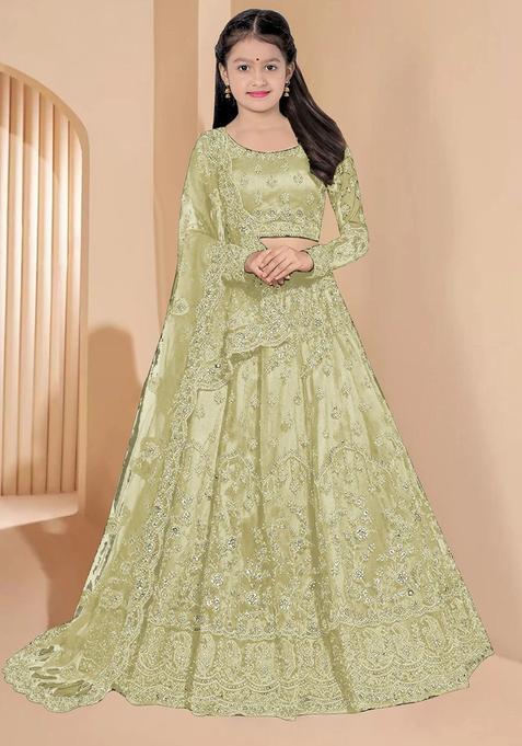 Green Embellished Net Lehenga Set For Girls — view on Indya