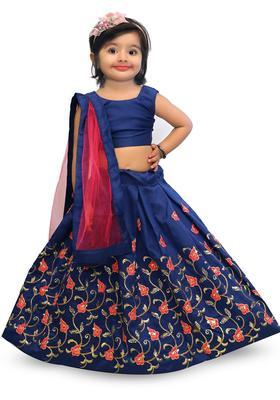 Blue Solid Satin Lehenga Set For Girls