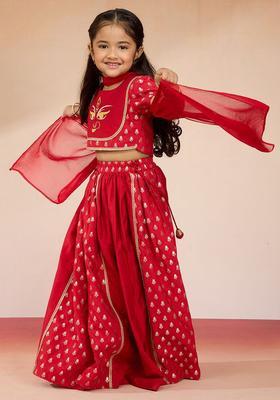 Red Woven Design Viscose Lehenga Set For Girls