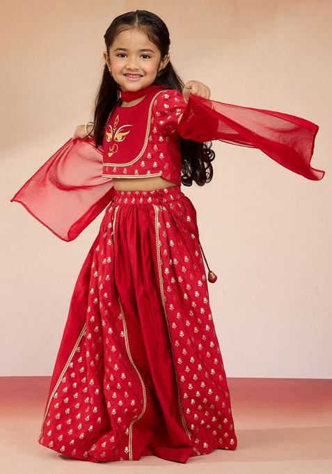 Red Woven Design Viscose Lehenga Set For Girls — view on Indya