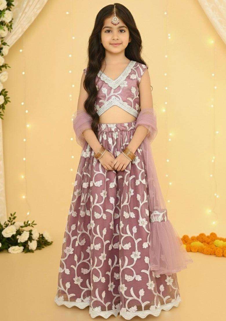 Purple Embroidered Net Lehenga Set For Girls - Indya