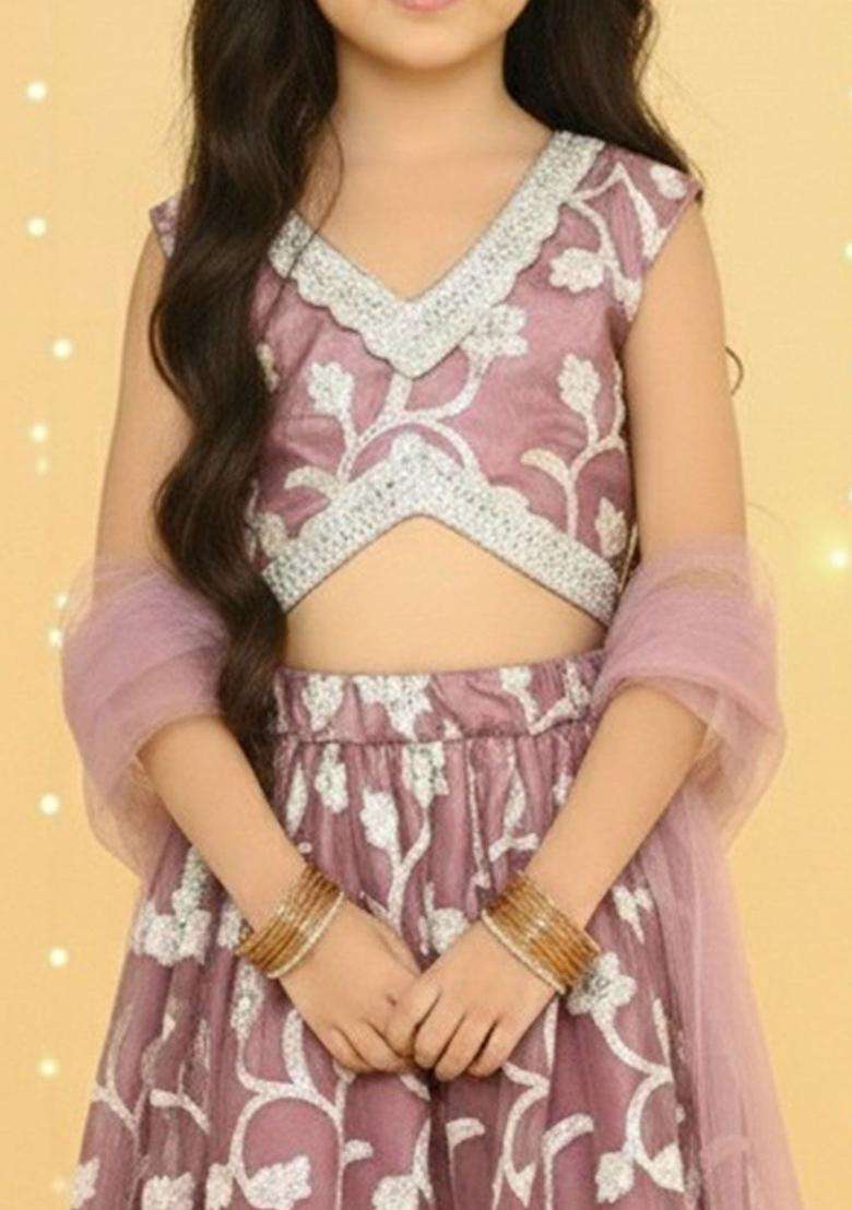 Purple Embroidered Net Lehenga Set For Girls - Indya