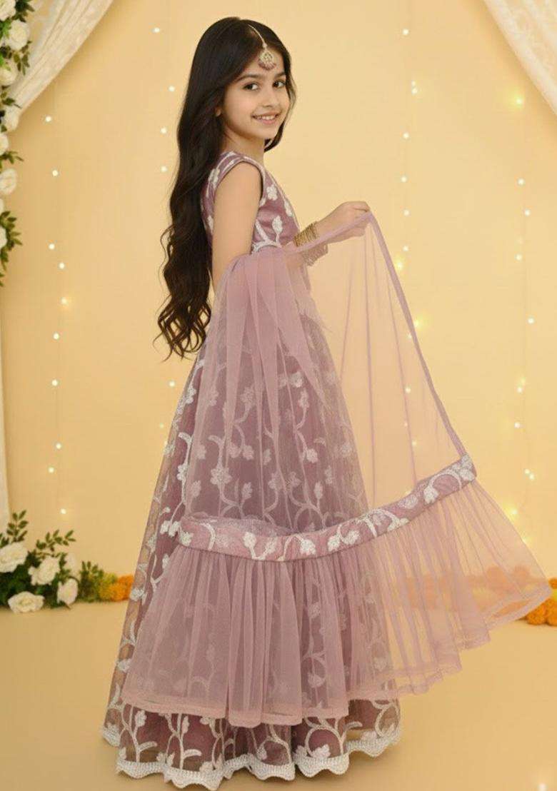 Purple Embroidered Net Lehenga Set For Girls - Indya