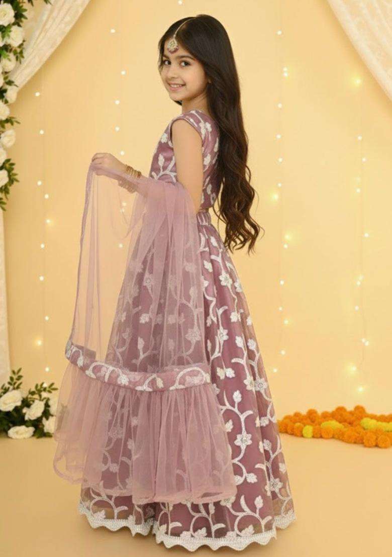 Purple Embroidered Net Lehenga Set For Girls - Indya