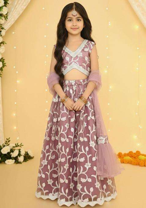 Purple Embroidered Net Lehenga Set For Girls