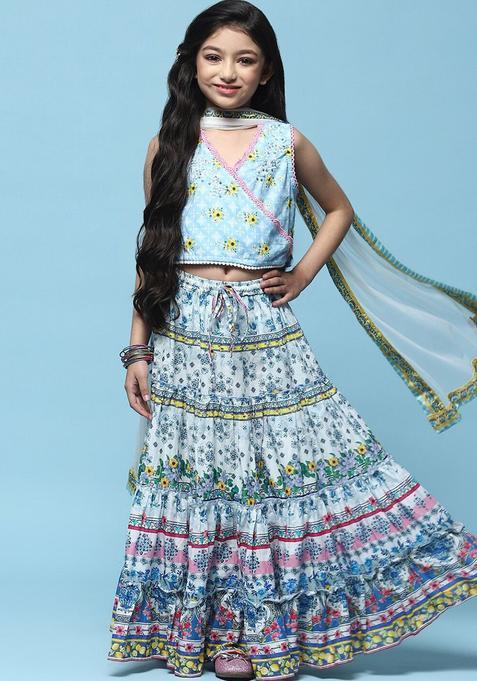 White Printed Cotton Lehenga Set For Girls — view on Indya