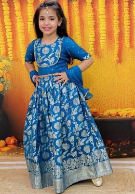Blue Embroidered Silk Lehenga Set For Girls