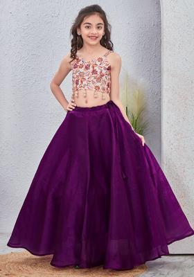 Beige Printed Tissue Lehenga Set For Girls