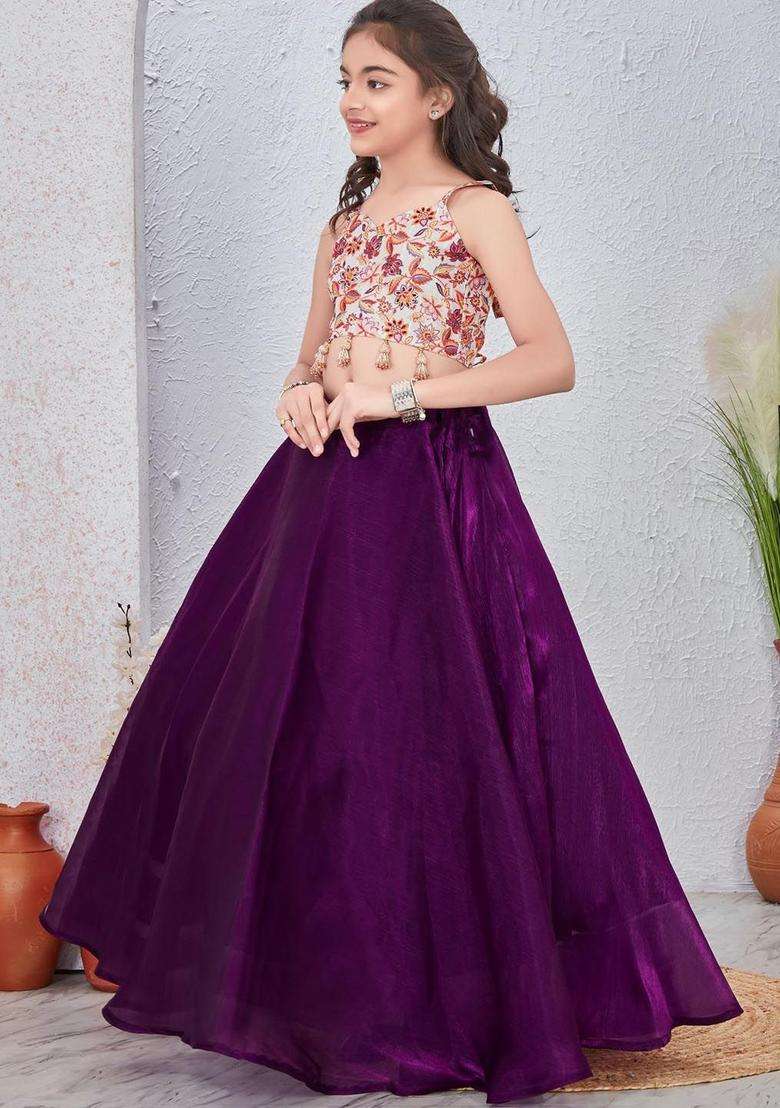 Beige Printed Tissue Lehenga Set For Girls - Indya