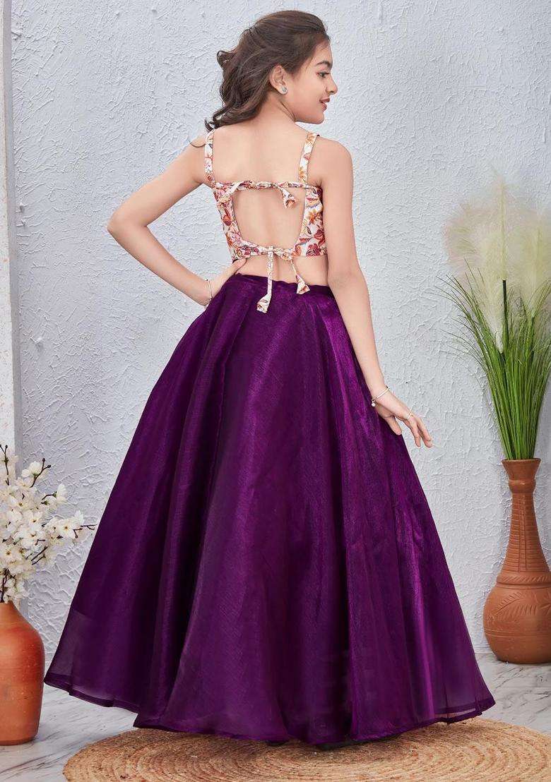 Beige Printed Tissue Lehenga Set For Girls - Indya