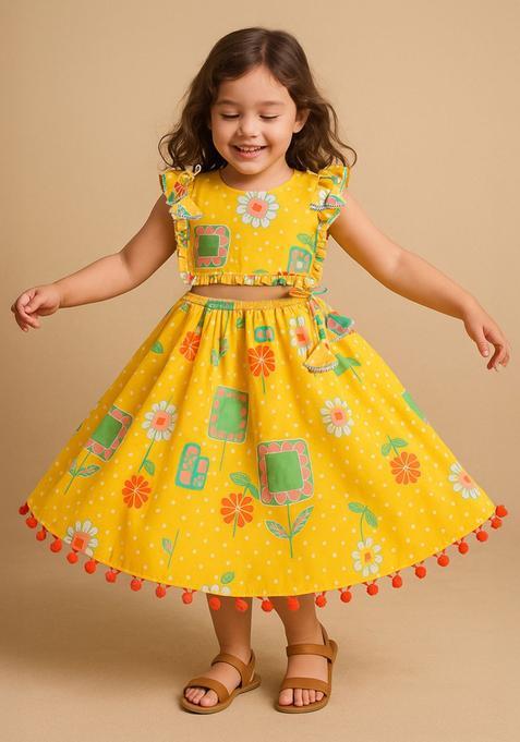 Yellow Printed Cotton Lehenga Set For Girls — view on Indya