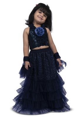 Blue Embellished Polyester Lehenga Set For Girls