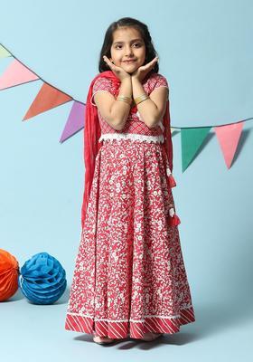 Red Printed Cotton Lehenga Set For Girls
