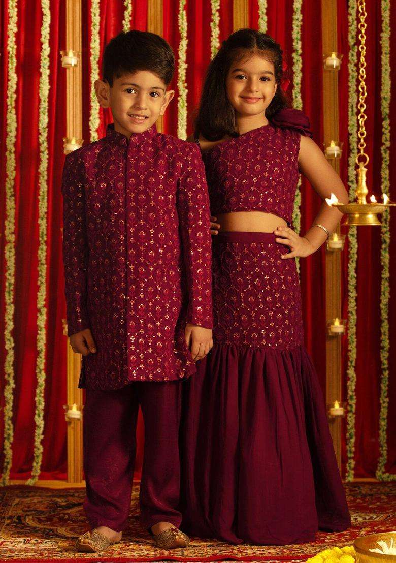 Purple Embellished Georgette Lehenga Set For Girls - Indya