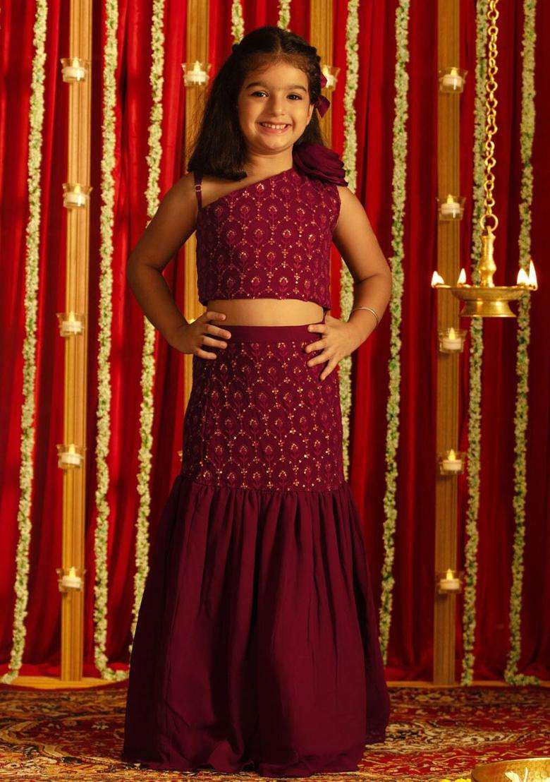 Purple Embellished Georgette Lehenga Set For Girls - Indya