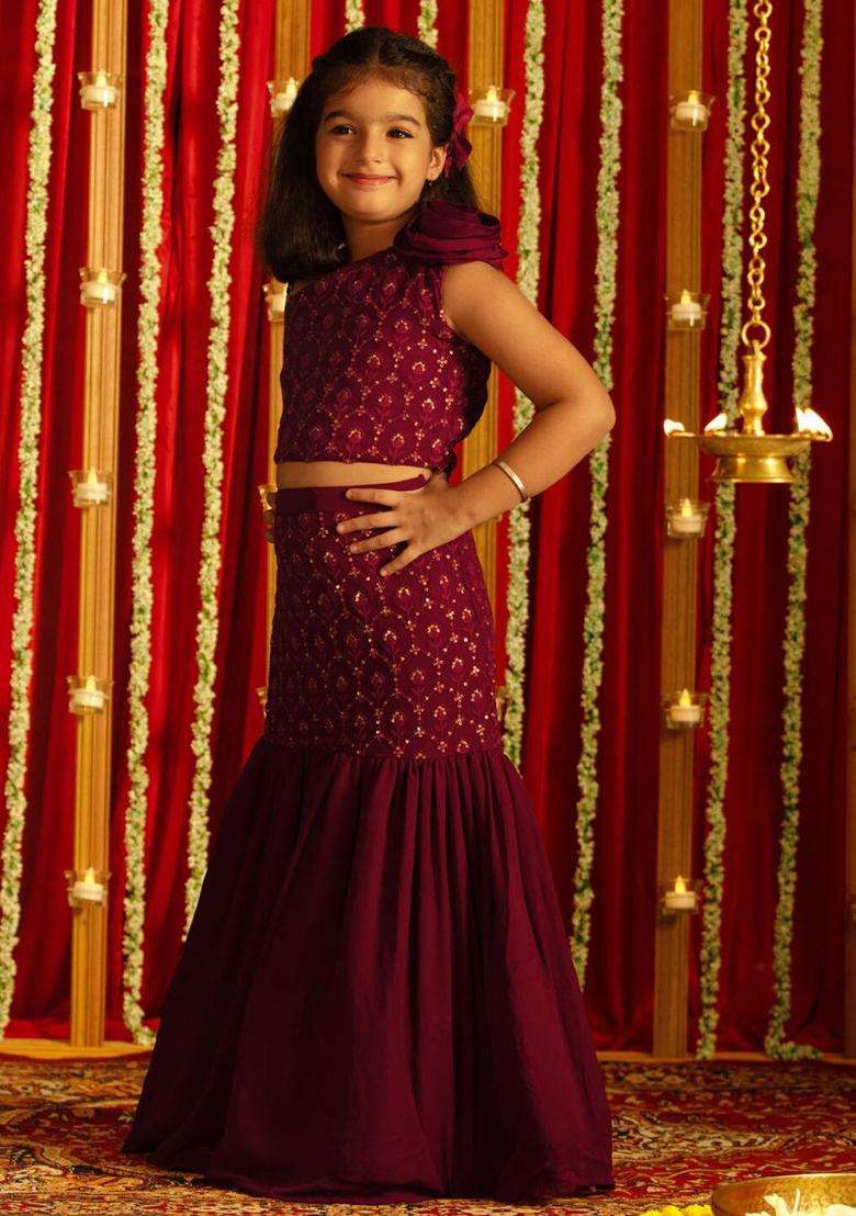 Purple Embellished Georgette Lehenga Set For Girls - Indya