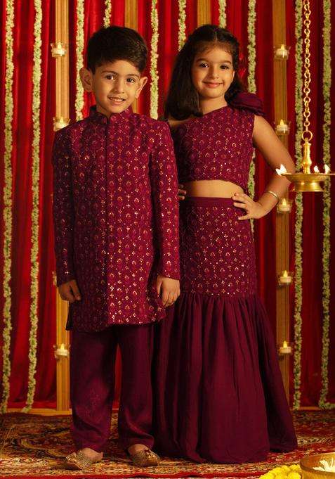 Purple Embellished Georgette Lehenga Set For Girls