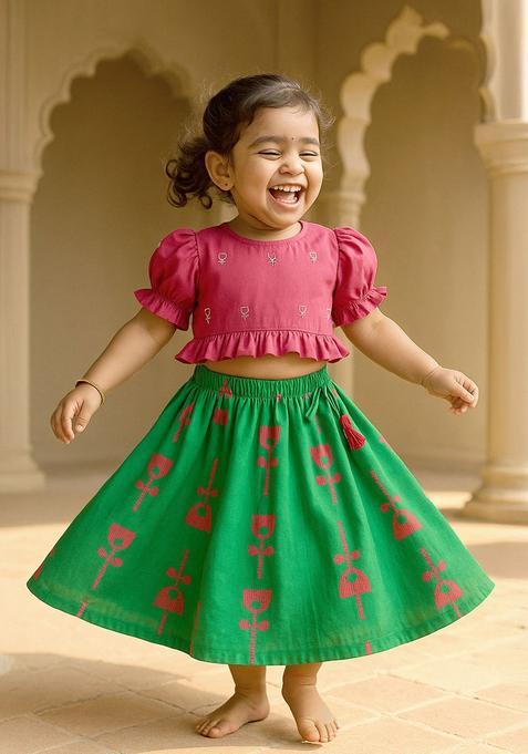 Pink Embroidered Cotton Lehenga Set For Girls — view on Indya