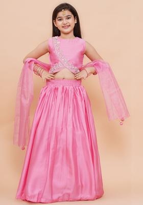 Pink Embroidered Silk Lehenga Set For Girls