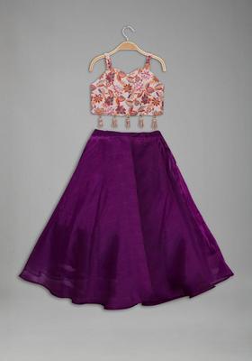 Purple Printed Tissue Lehenga Set For Girls