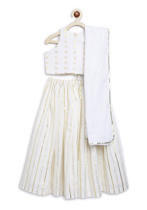 White Woven Design Cotton Lehenga Set For Girls — view on Indya