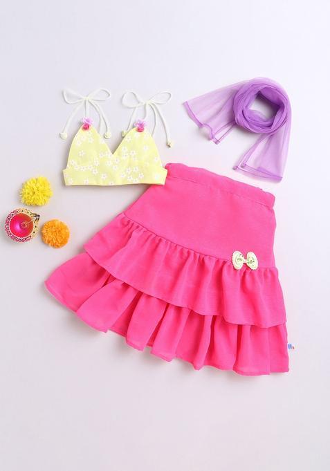 Pink Embroidered Polyester Lehenga Set For Girls — view on Indya