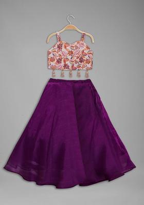 Beige Printed Tissue Lehenga Set For Girls