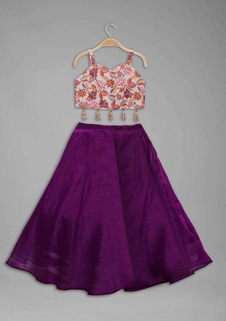 Beige Printed Tissue Lehenga Set For Girls - Indya