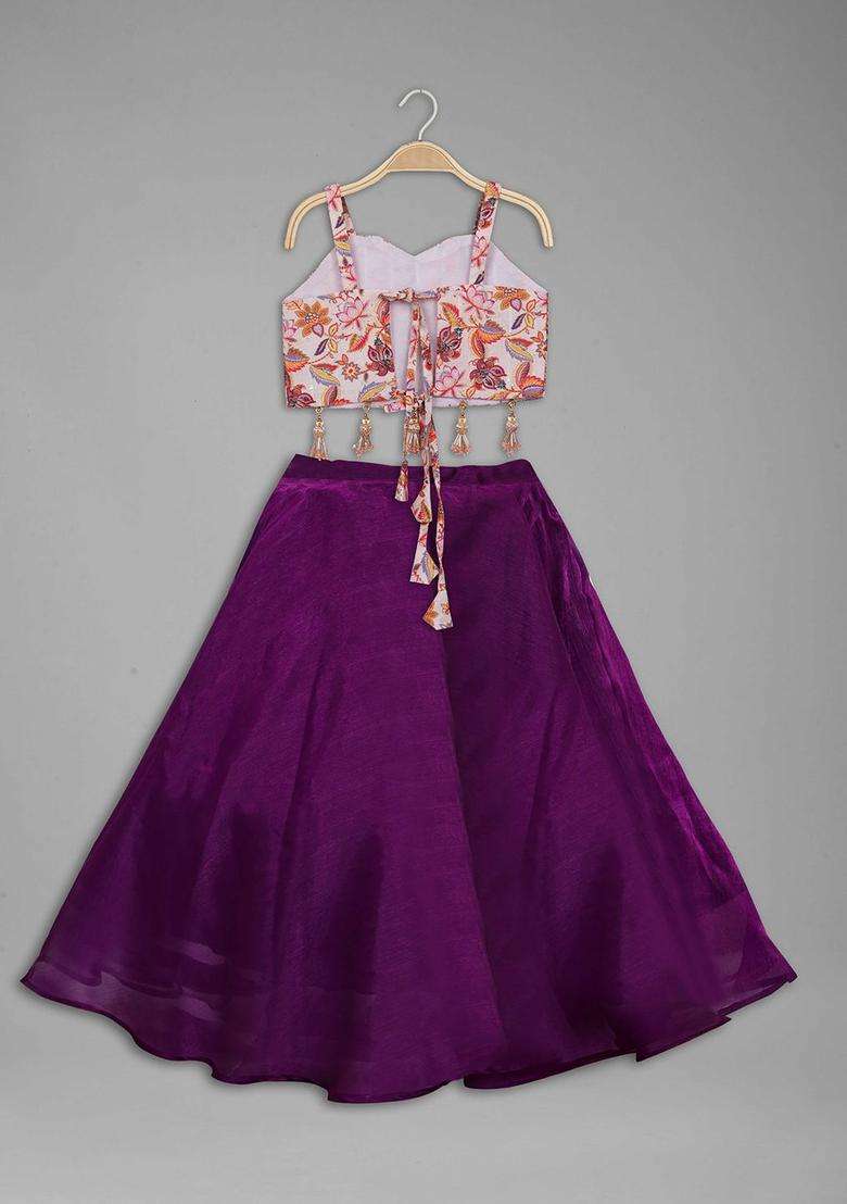 Beige Printed Tissue Lehenga Set For Girls - Indya