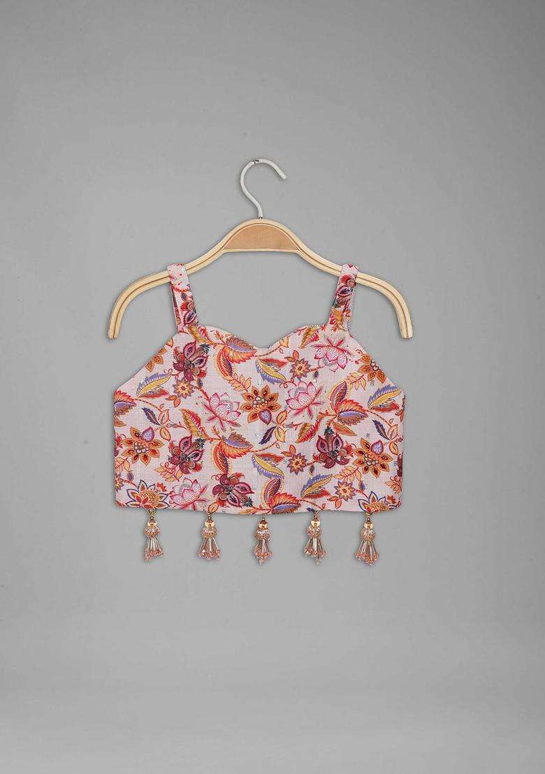 Beige Printed Tissue Lehenga Set For Girls - Indya
