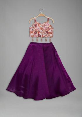 Purple Printed Tissue Lehenga Set For Girls