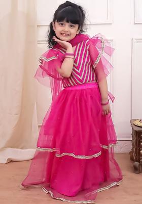 Pink Embellished Net Lehenga Set For Girls