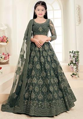 Green Embroidered Net Lehenga Set For Girls