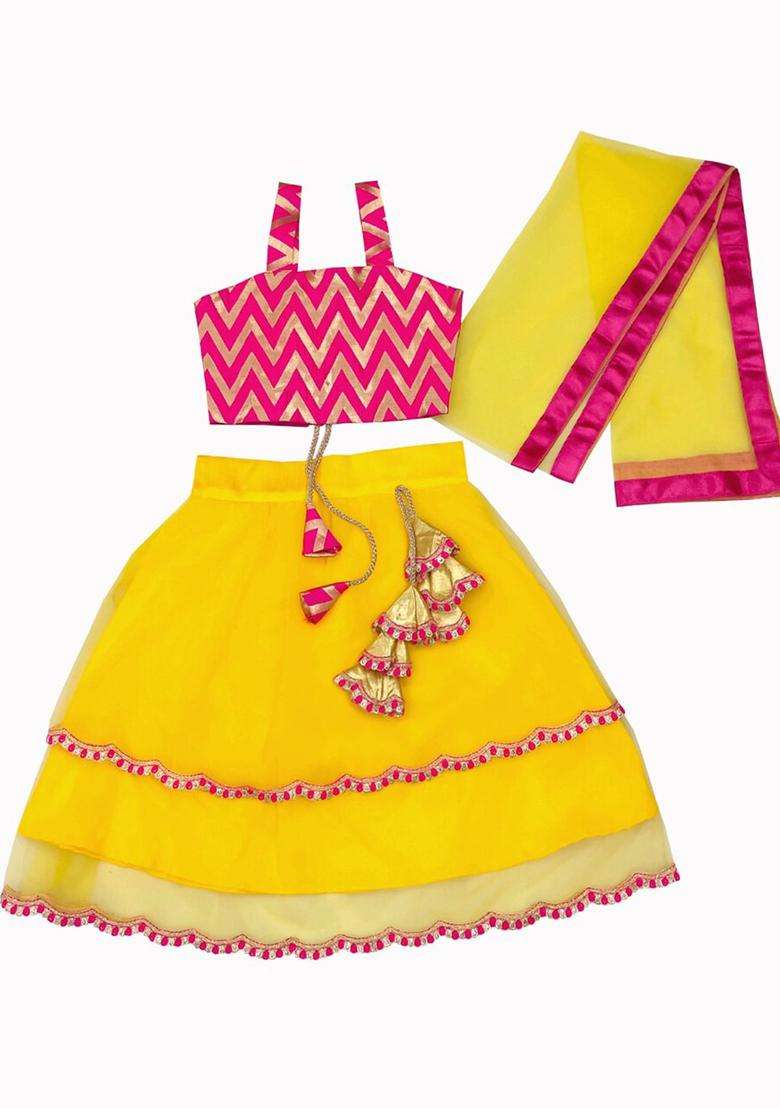 Yellow Solid Net Lehenga Set For Girls - Indya