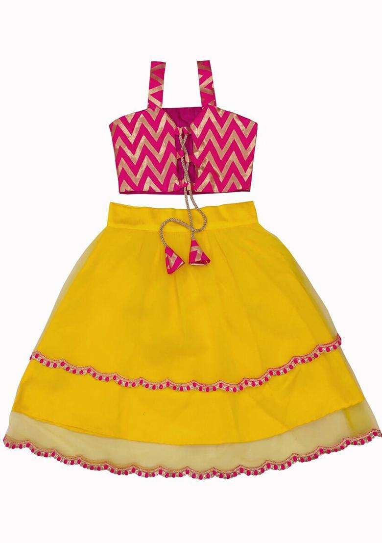 Yellow Solid Net Lehenga Set For Girls - Indya