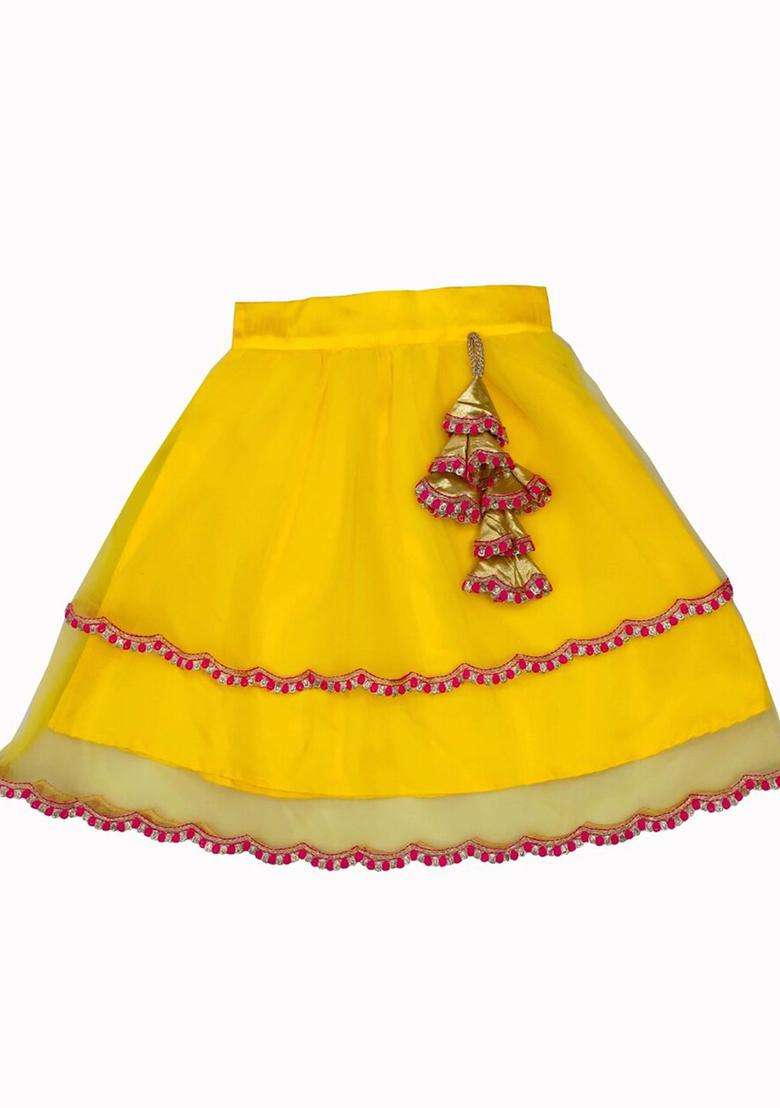 Yellow Solid Net Lehenga Set For Girls - Indya