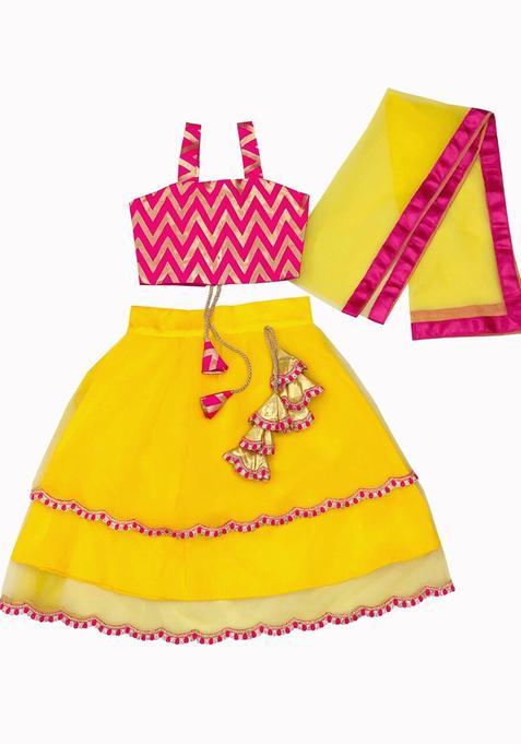 Yellow Solid Net Lehenga Set For Girls — view on Indya